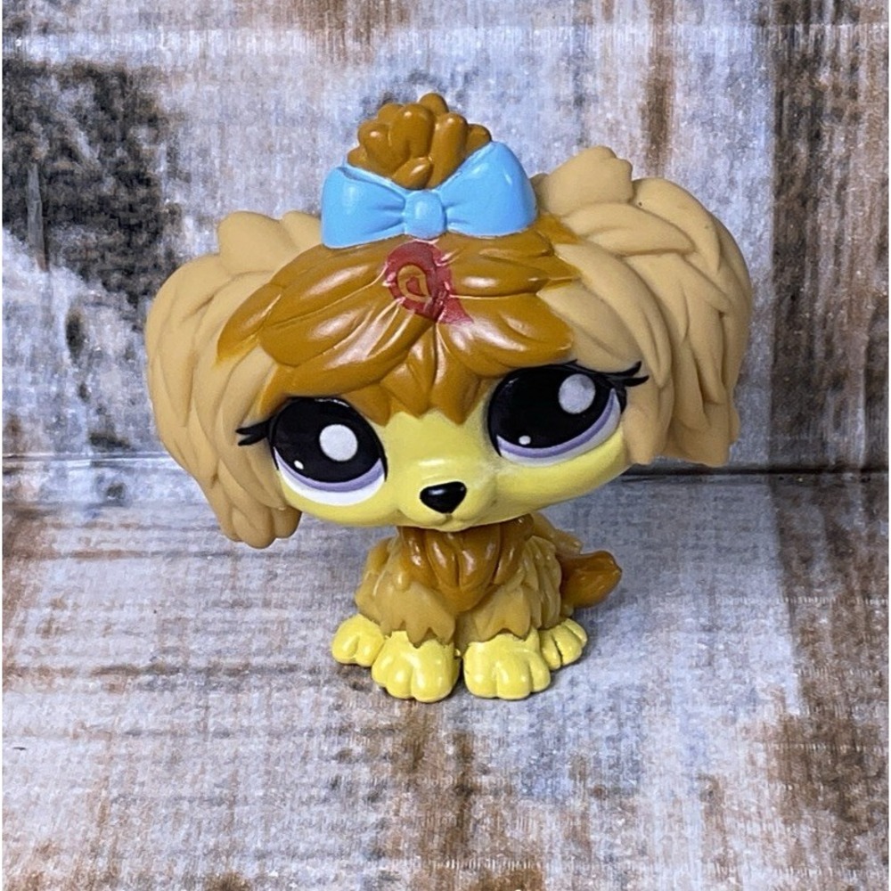 Littlest Pet Shop G7 Maltese Brown Dog Blue Bow #118